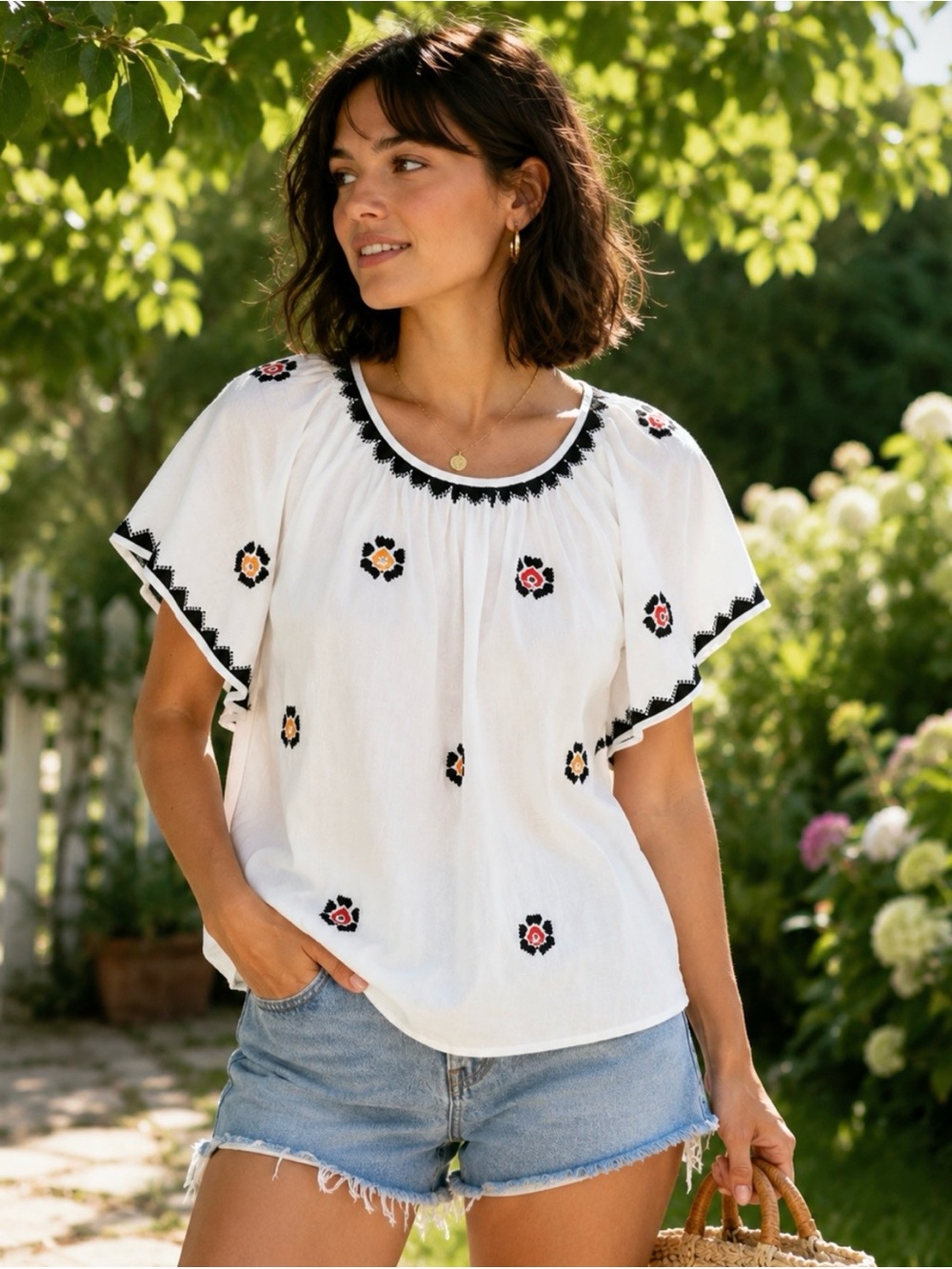 Madewell Relaxed Embroidered Peasant Blouse XXS Boho Folk White Cotton Flutter